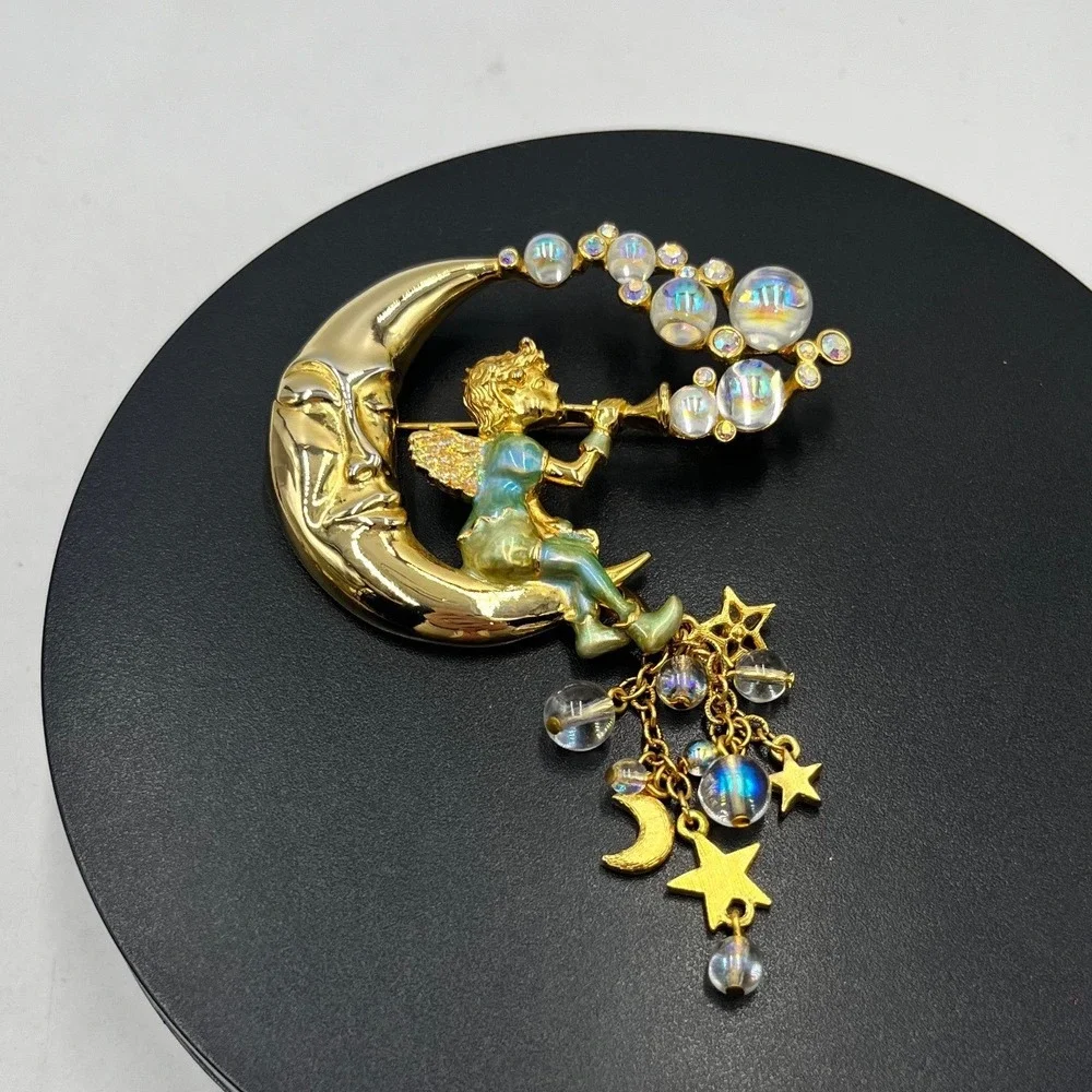 Kirks Folly Pipedream Fairy Moon Brooch Pin Crystal & Star Dangles‎ Charms